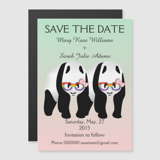 Leuke Lesbische Pandabeer Bruiloft Save The Date Magnetische Uitnodiging (Voorkant / Achterkant)