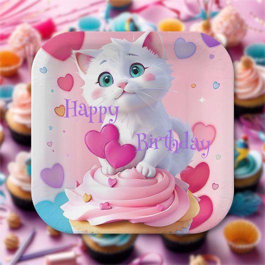 Leuke Leuke Witte Kitten Cupcake Girly Verjaardags Papieren Bordje