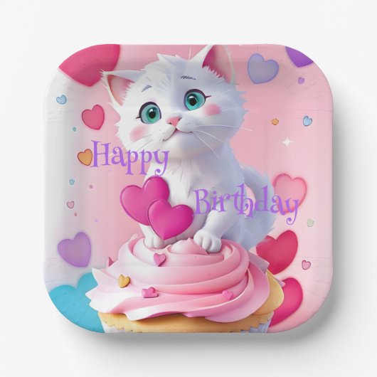 Leuke Leuke Witte Kitten Cupcake Girly Verjaardags Papieren Bordje (Voorkant)