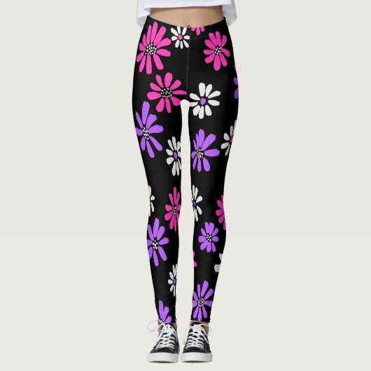 Leuke levendige roze en paarse bloemen leggings (Voorkant)