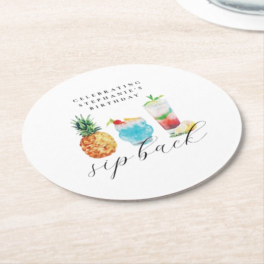 Leuke levendige sip back cocktails verjaardagsfees ronde kartonnen onderzetter (Gebogen)