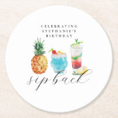 Leuke levendige sip back cocktails verjaardagsfees ronde kartonnen onderzetter (Voorkant)