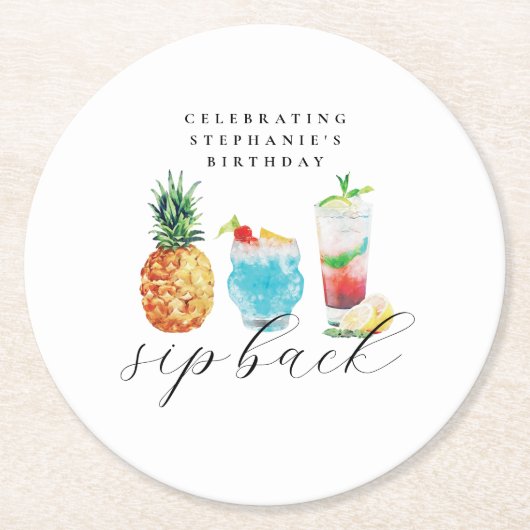 Leuke levendige sip back cocktails verjaardagsfees ronde kartonnen onderzetter (Voorkant)
