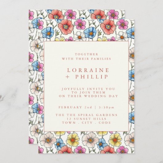 Leuke levendige wilde bloemen patroon bruiloft uit kaart (Voorkant / Achterkant)