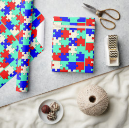 Leuke lichtgroene, blauwe, rode en witte puzzel cadeaupapier