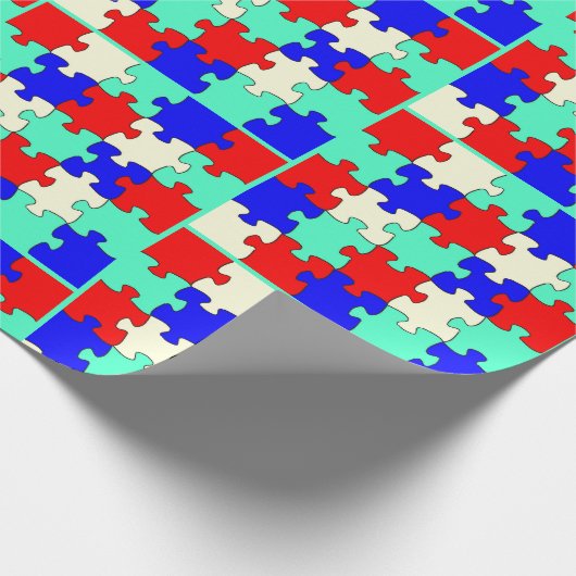 Leuke lichtgroene, blauwe, rode en witte puzzel cadeaupapier (Hoek)