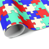 Leuke lichtgroene, blauwe, rode en witte puzzel cadeaupapier (Rol Hoek)