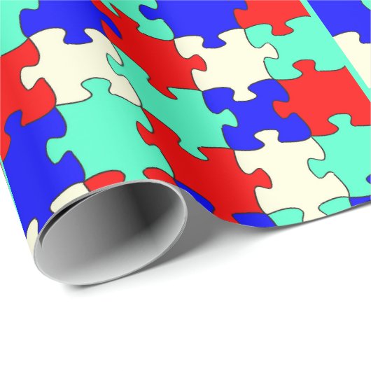 Leuke lichtgroene, blauwe, rode en witte puzzel cadeaupapier (Rol Hoek)