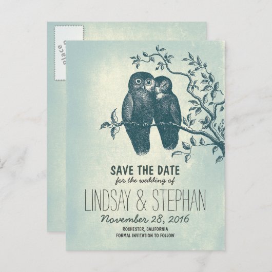 Leuke liefde uilen paar opslaan van de datum brief aankondigingskaart (Voorkant / Achterkant)