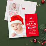 Leuke lijst schattige baby's eerste kerst rood feestdagenkaart<br><div class="desc">Er staat een nieuwe naam op de lijst! Dit schattige baby's eerste kerstvakantie geboorteaankondiging briefkaart heeft een leuke typebehandeling op een rode achtergrond, samen met een verticale foto aan de voorkant. De achterkant van dit briefkaart is voorzien van een tweede foto en ruimte voor een aangepaste boodschap. Vier en introduceer...</div>