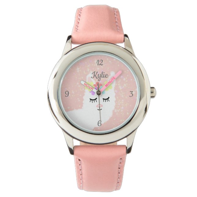 Leuke Llama Blush Roze Sterren Gepersonaliseerd Horloge (Voorkant)