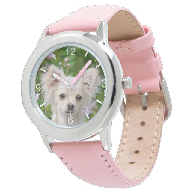 Leuke longhair crème Chihuahua Dog Puppy wijzerpla Horloge (Gekanteld)