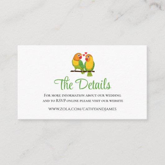 Leuke Lovebirds Groene Tortelduifjes Bruiloft Deta Informatiekaartje (Voorkant)