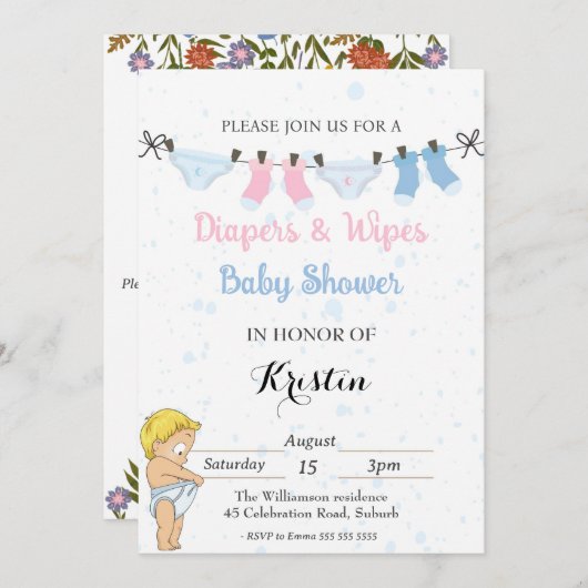 Leuke Luier en Wipes Baby shower Invitation Kaart (Voorkant / Achterkant)