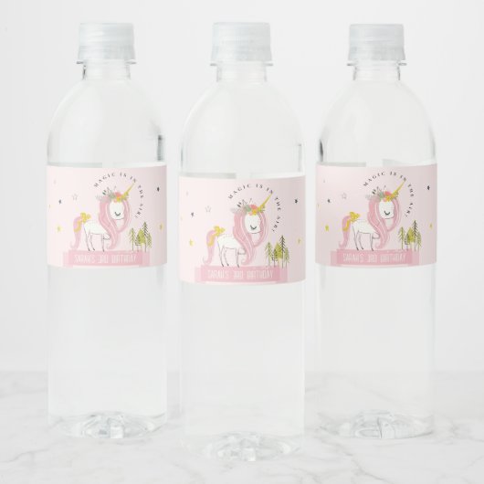 Leuke Magische Eenhoorn Roze Blush Kids Verjaardag Waterfles Etiket (Flessen)