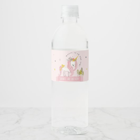 Leuke Magische Eenhoorn Roze Blush Kids Verjaardag Waterfles Etiket (Voorkant)