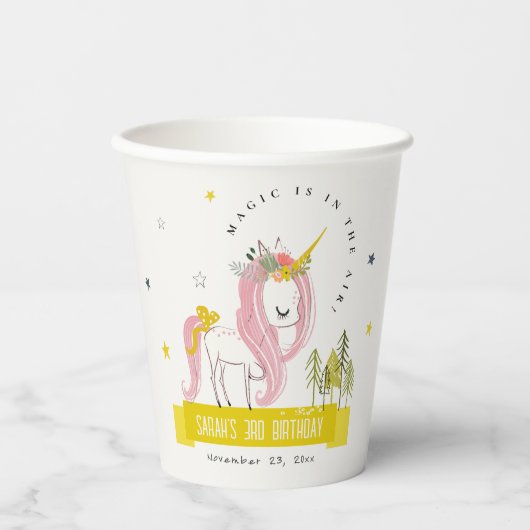 Leuke Magische Eenhoorn Roze Gele Kids Verjaardag Papieren Bekers (Voorkant)