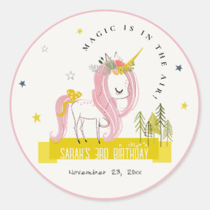 Leuke Magische Eenhoorn Roze Gele Kids Verjaardag Ronde Sticker