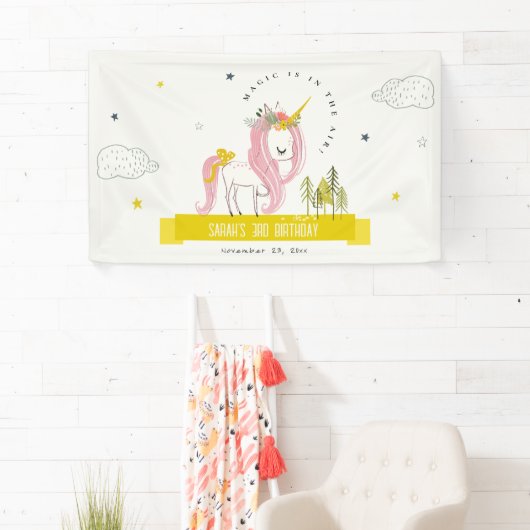 Leuke Magische Eenhoorn Roze Gele Kids Verjaardag Spandoek (Insitu)