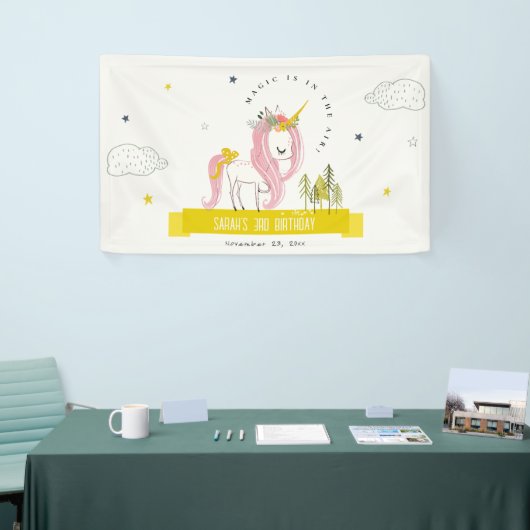Leuke Magische Eenhoorn Roze Gele Kids Verjaardag Spandoek (Beurs)