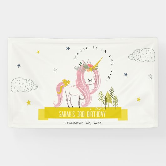 Leuke Magische Eenhoorn Roze Gele Kids Verjaardag Spandoek (Horizontaal)