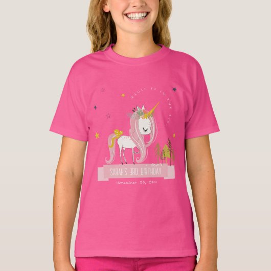 Leuke Magische Eenhoorn Roze Gele Kids Verjaardag T-shirt (Voorkant)