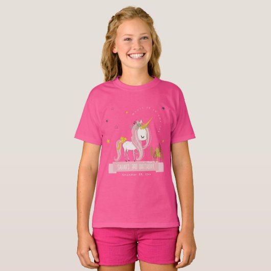Leuke Magische Eenhoorn Roze Gele Kids Verjaardag T-shirt (Voorkant volledig)