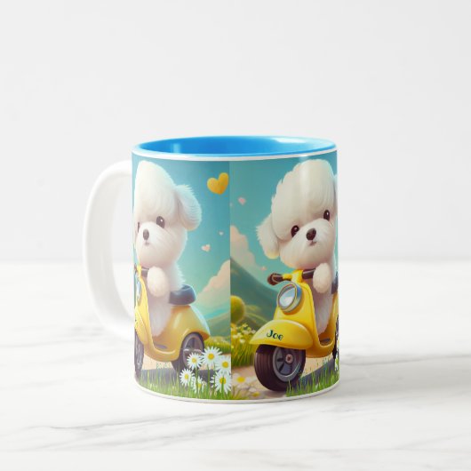 Leuke Maltese puppy hond gele scooter gepersonalis Tweekleurige Koffiemok (Voorkant links)