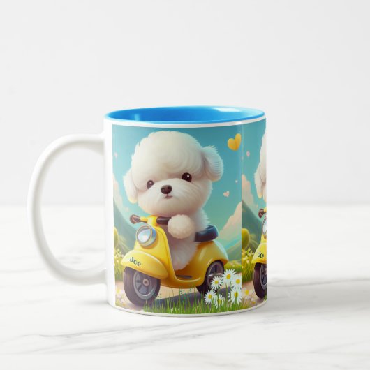 Leuke Maltese puppy hond gele scooter gepersonalis Tweekleurige Koffiemok (Links)