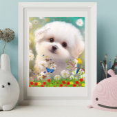 Leuke Maltese witte puppy hond in Floral Garden Ar Poster