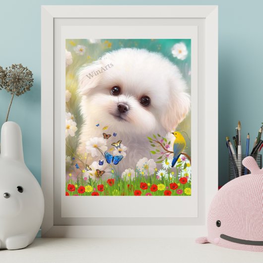Leuke Maltese witte puppy hond in Floral Garden Ar Poster