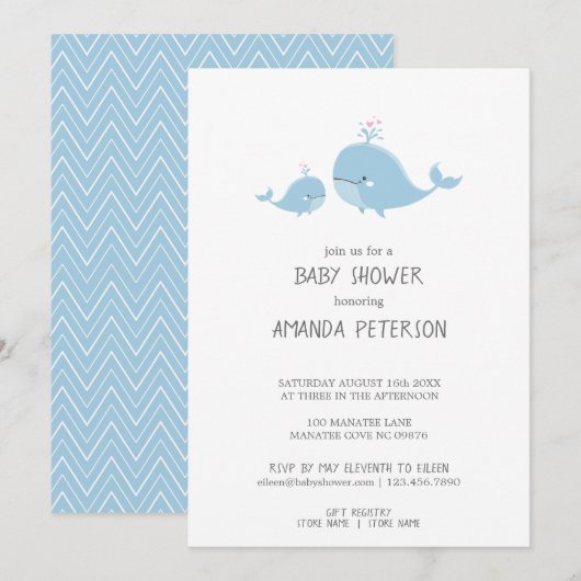 Leuke Mama & Baby Whales Blue Chevron Baby shower Kaart (Voorkant / Achterkant)