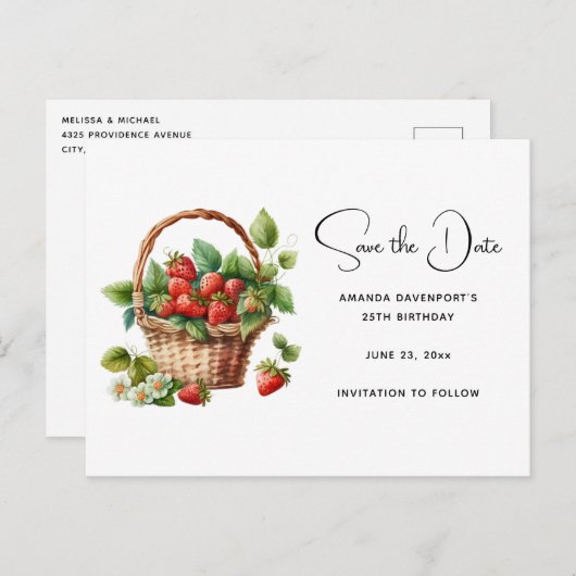 Leuke mand vol aardbeien Save the Date Uitnodiging Briefkaart (Voorkant / Achterkant)