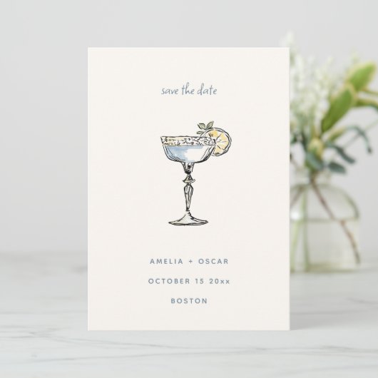 Leuke Margarita Cocktail Tekening Blauwe Bruiloft Save The Date (Staand voorkant)