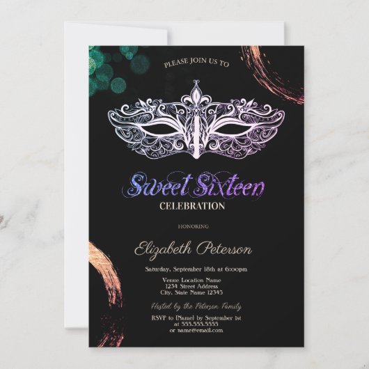 Leuke Masquerade Sweet 16 Uitnodiging (Voorkant)