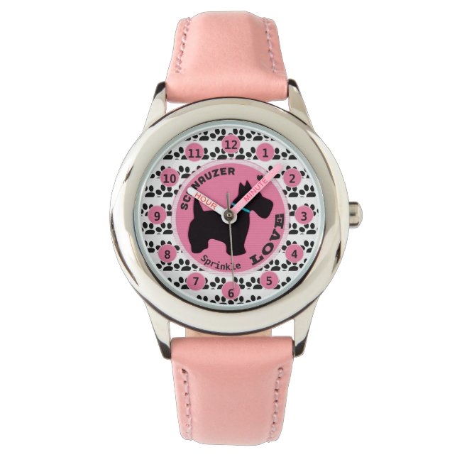 Leuke Meisjes Hondenpoot Schnauzer Kinder Personal Horloge (Voorkant)