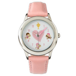 Leuke meisjes paardrijden pony's en roze hart paar horloge