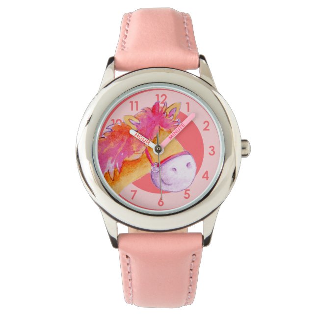 Leuke meisjes pony art roze polshorloge horloge (Voorkant)