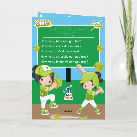 Leuke Meisjes Softball Woord Zoeken Gelukkige Verj Kaart (Achterkant)