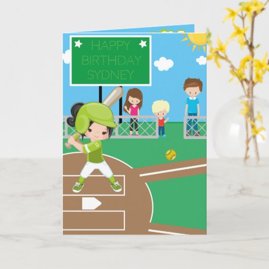 Leuke Meisjes Softball Woord Zoeken Gelukkige Verj Kaart (Gele Bloem)