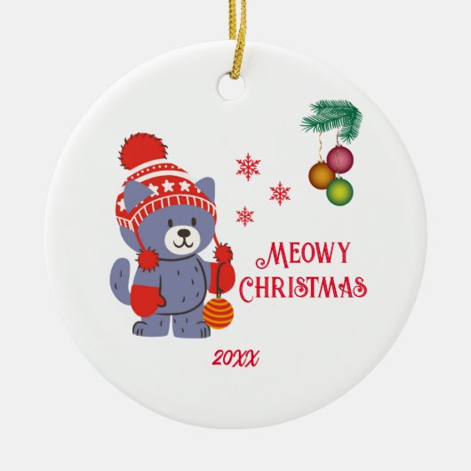 Leuke Meowy Kerst Schattigee Kat Vrolijke Kerstbal Keramisch Ornament (Voorkant)