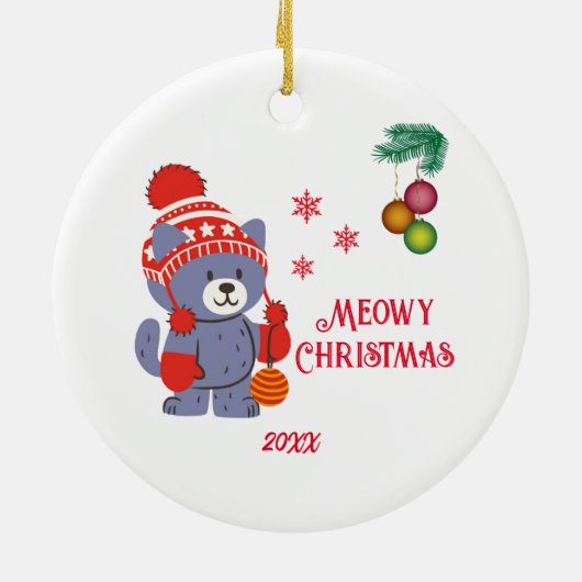 Leuke Meowy Kerst Schattigee Kat Vrolijke Kerstbal Keramisch Ornament (Achterkant)