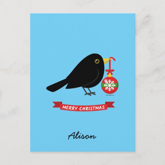 Leuke merel met een kerstbal aangepaste naam briefkaart (Voorkant)
