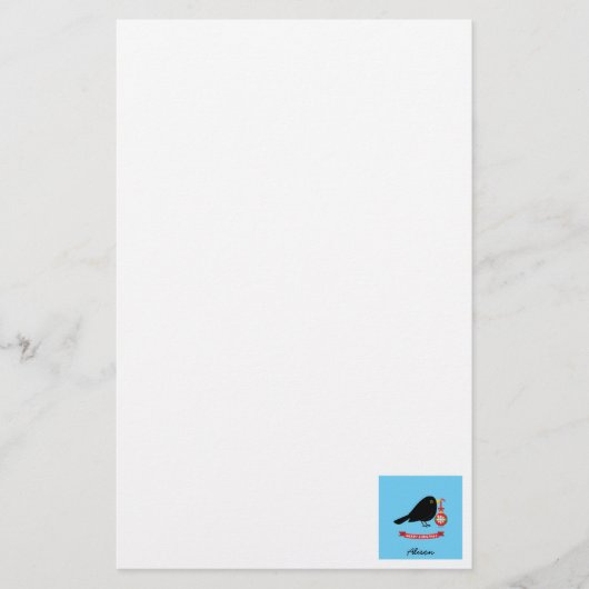 Leuke merel met een kerstbal aangepaste naam briefpapier (Voorkant)