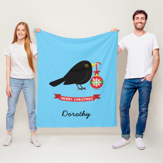 Leuke merel met een kerstbal aangepaste naam fleece deken (In situ)