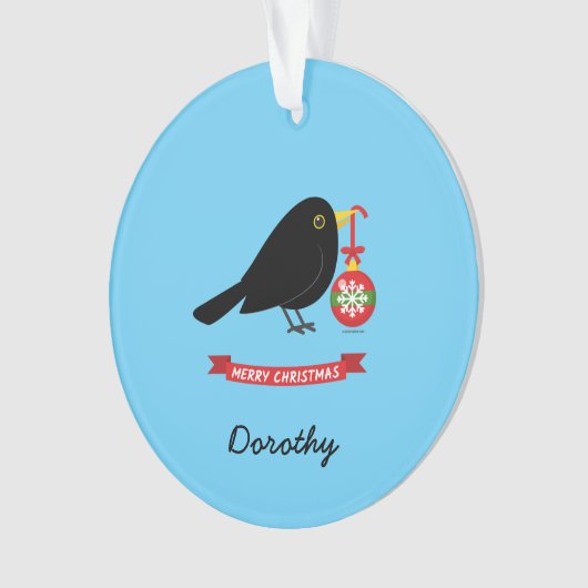 Leuke merel met een kerstbal aangepaste naam ornament (voorkant)