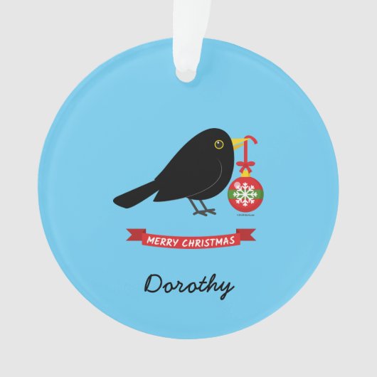 Leuke merel met een kerstbal aangepaste naam ornament (voorkant)