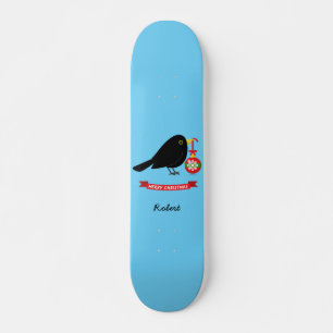 Leuke merel met een kerstbal aangepaste naam persoonlijk skateboard