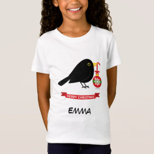 Leuke merel met een kerstbal aangepaste naam t-shirt