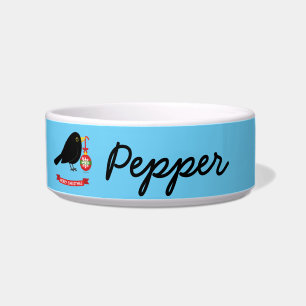 Leuke merel met een kerstbal aangepaste naam voerbakje